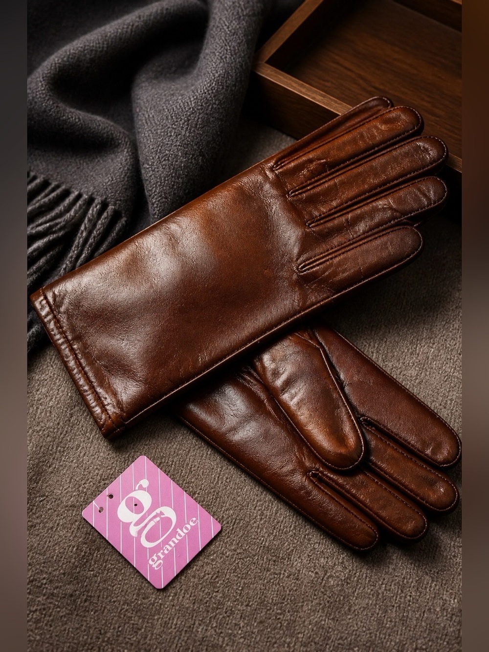 BROWN LEATHER GLOVES by GRANDOE SIZE-6.5
